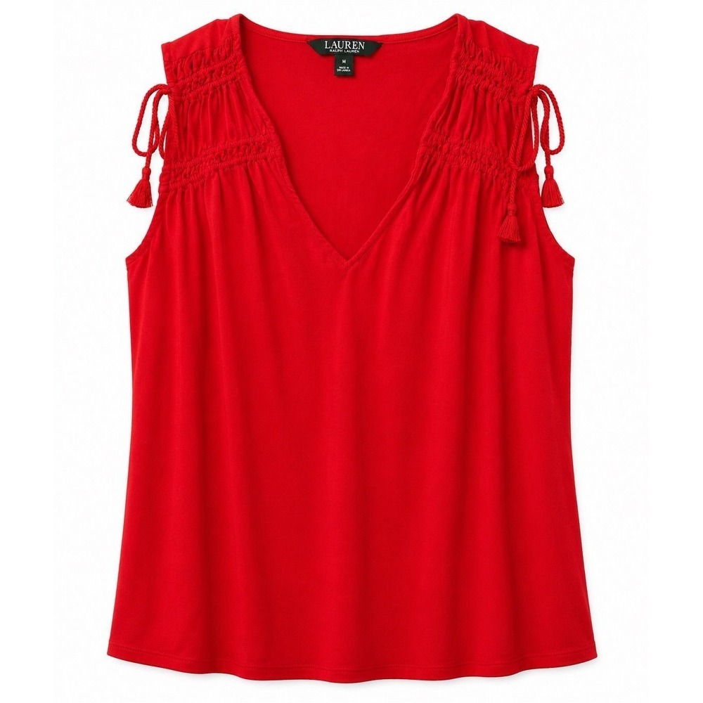 Lauren Ralph Lauren Red Ruffle Shoulder Tassel Tie V-Neck Blouse Top Medium #89